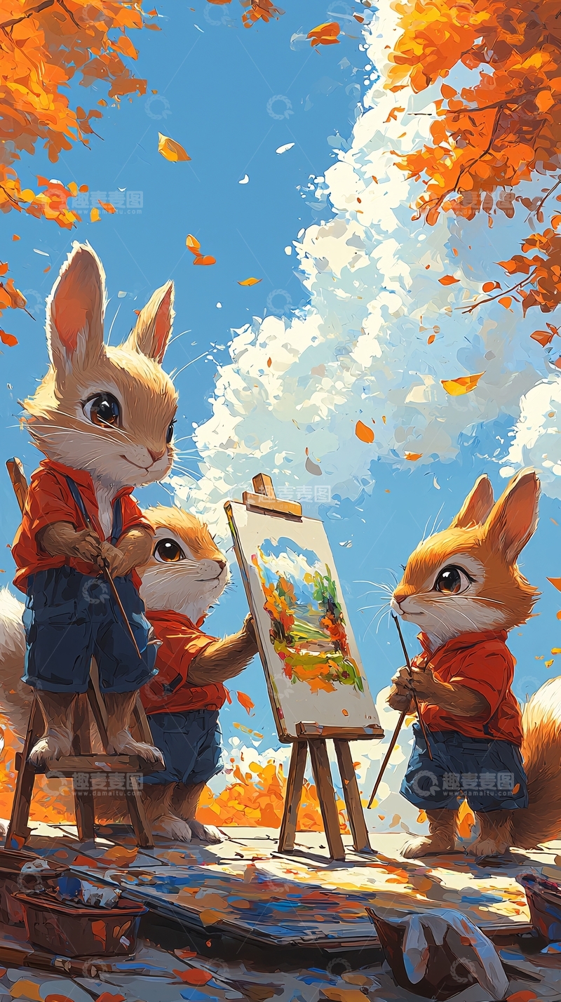 高清大图下载【趣麦麦图】兔子绘画秋景插画