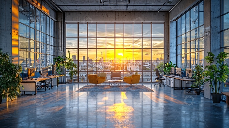 高清大图下载【趣麦麦图】落地窗办公室夕阳景色