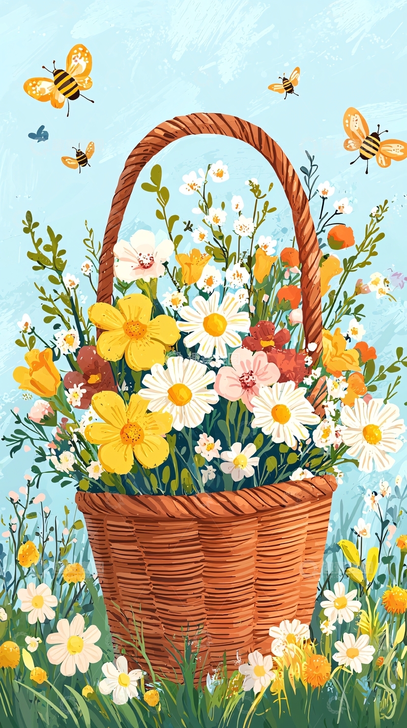 高清大图下载【趣麦麦图】鲜花满溢的篮子
