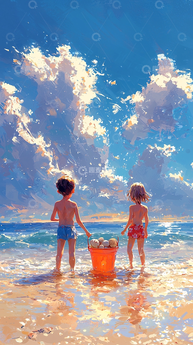 高清大图下载【趣麦麦图】海滩上两个孩子玩耍