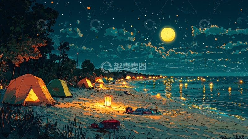 高清大图下载【趣麦麦图】月光下的海滩露营
