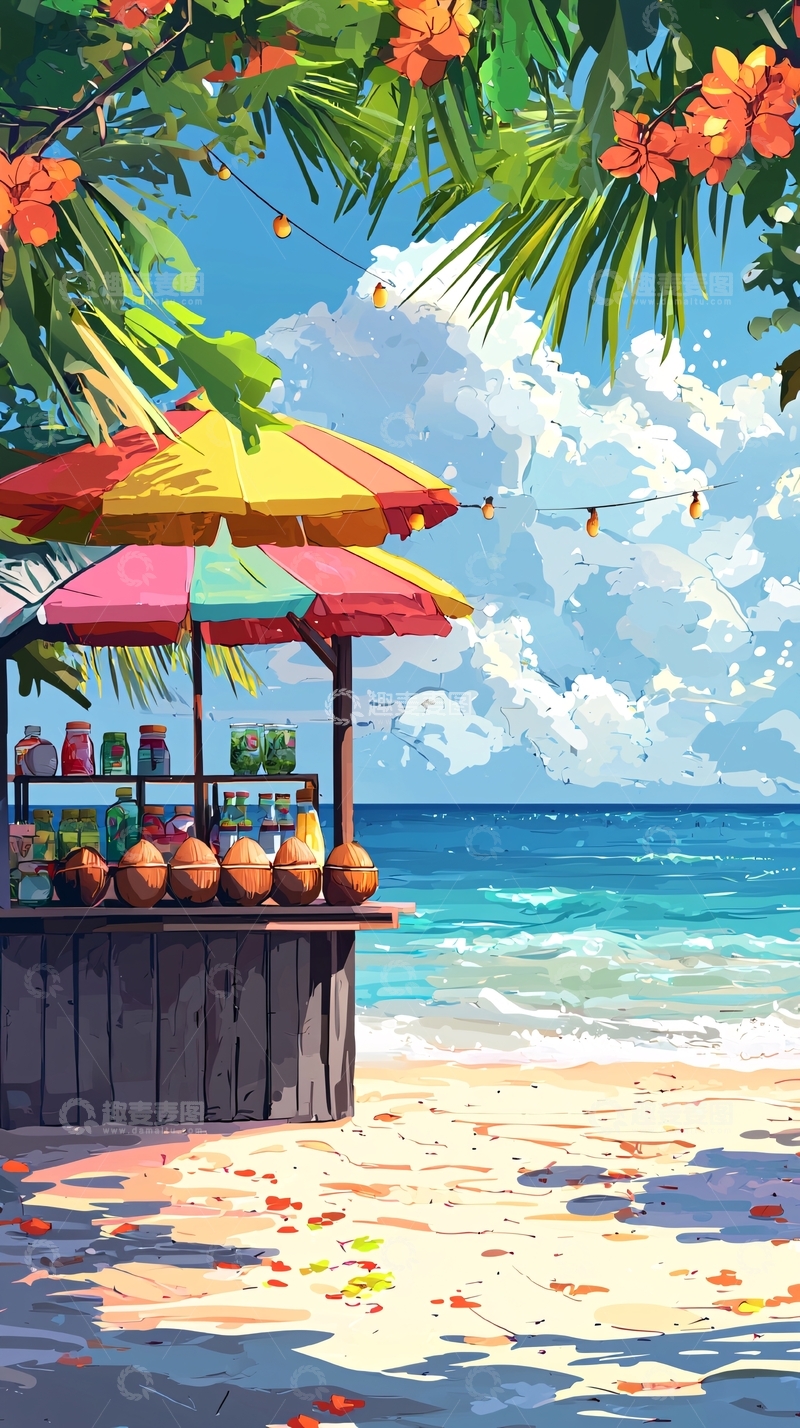 高清大图下载【趣麦麦图】热带海滩小卖部