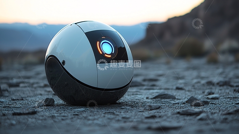 高清大图下载【趣麦麦图】沙漠中白色球形机器人