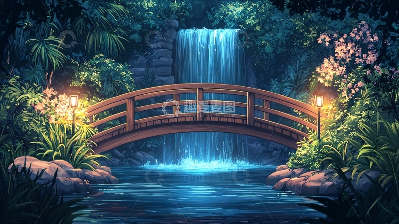 高清大图下载【趣麦麦图】夜色下的桥与瀑布景观