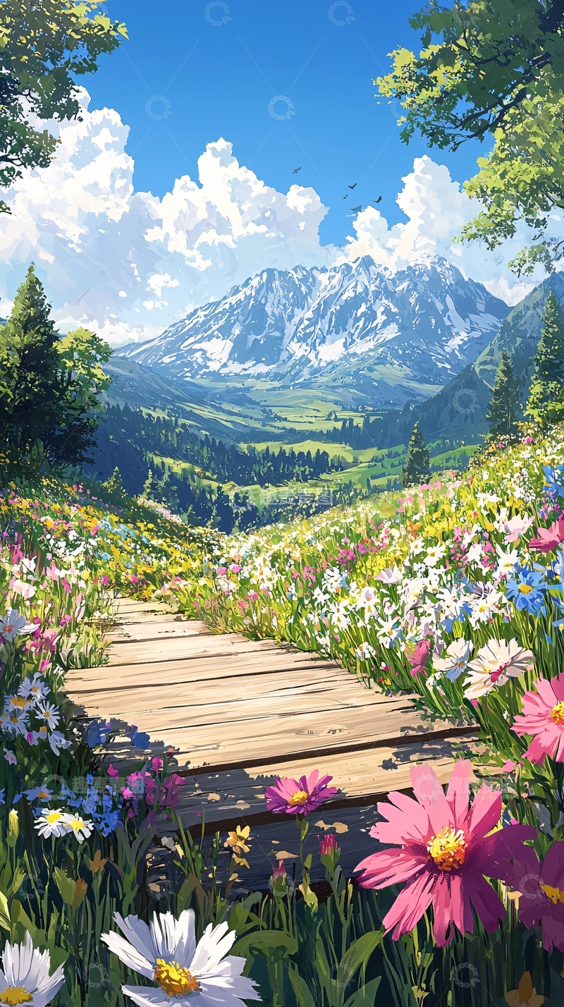 高清大图下载【趣麦麦图】木板路通向山区花田