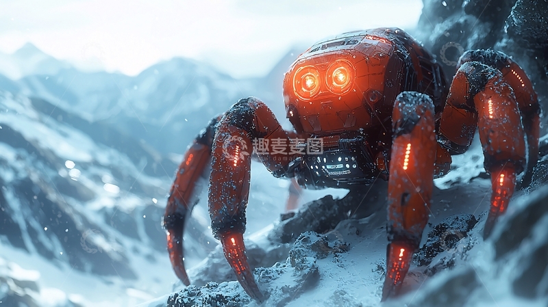 高清大图下载【趣麦麦图】红色机械蜘蛛雪山