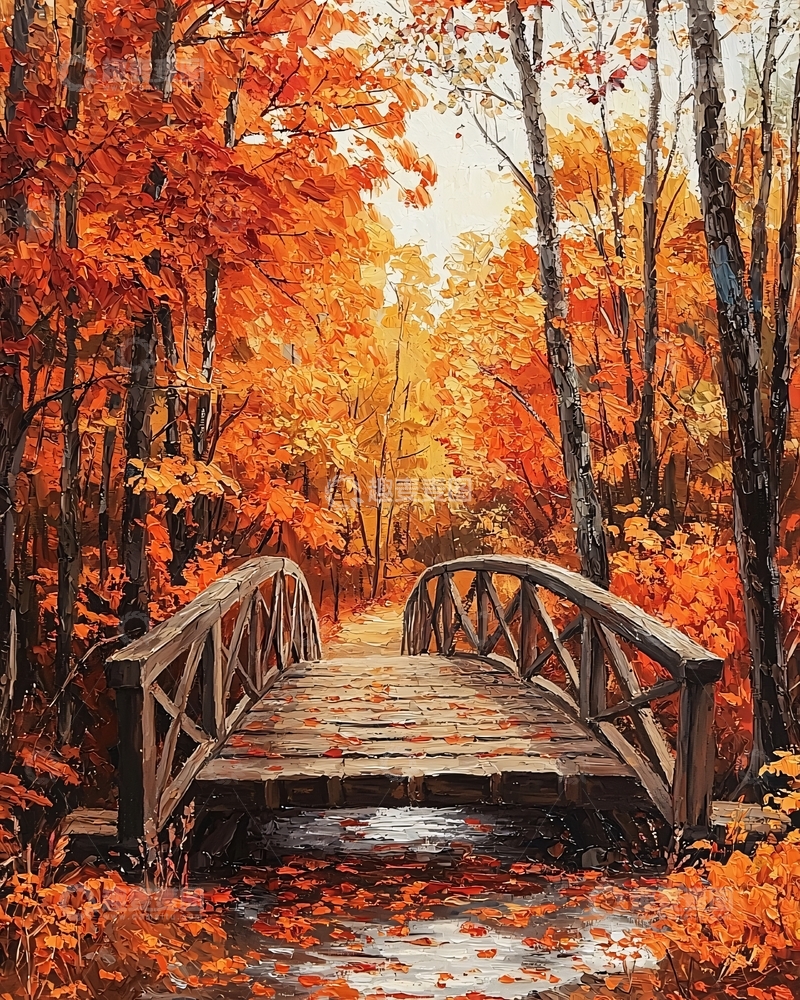 高清大图下载【趣麦麦图】秋日森林小木桥