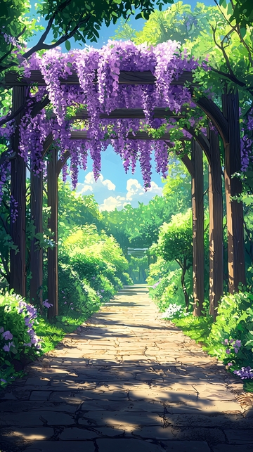 紫藤花拱廊下的林间小路