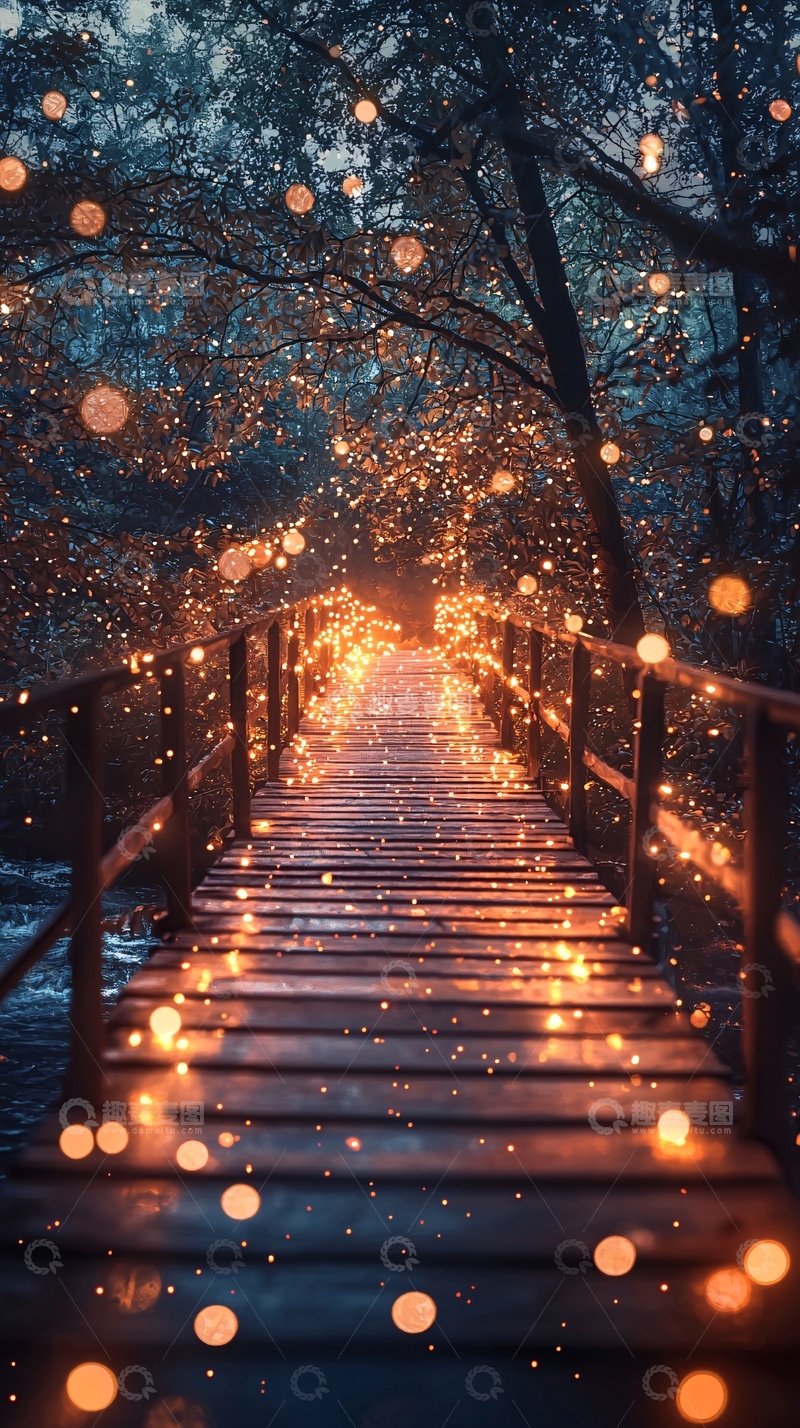 高清大图下载【趣麦麦图】梦幻森林小桥灯光夜景