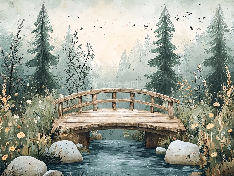 高清大图下载【趣麦麦图】雾气森林小木桥