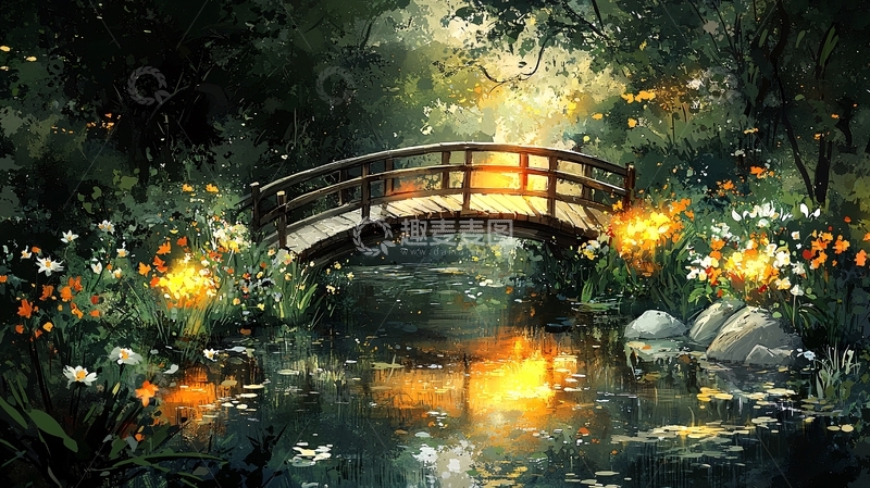 高清大图下载【趣麦麦图】宁静的夜间小桥流水场景