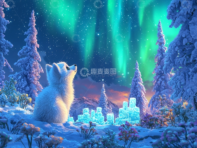 高清大图下载【趣麦麦图】极光下的小白狐