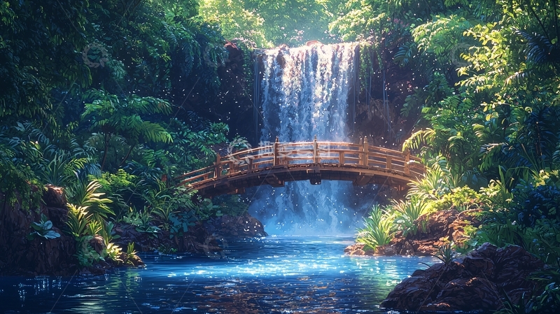 高清大图下载【趣麦麦图】翠绿森林中的瀑布小桥