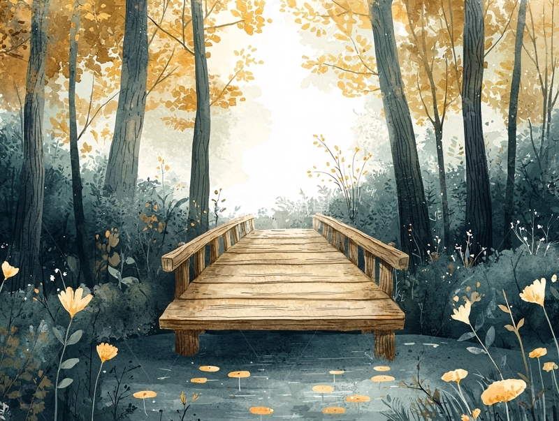 高清大图下载【趣麦麦图】森林小桥风景水彩画