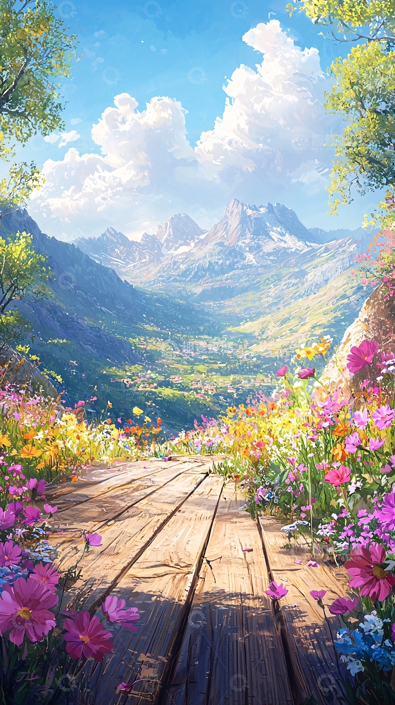 高清大图下载【趣麦麦图】鲜花盛开的山间小路