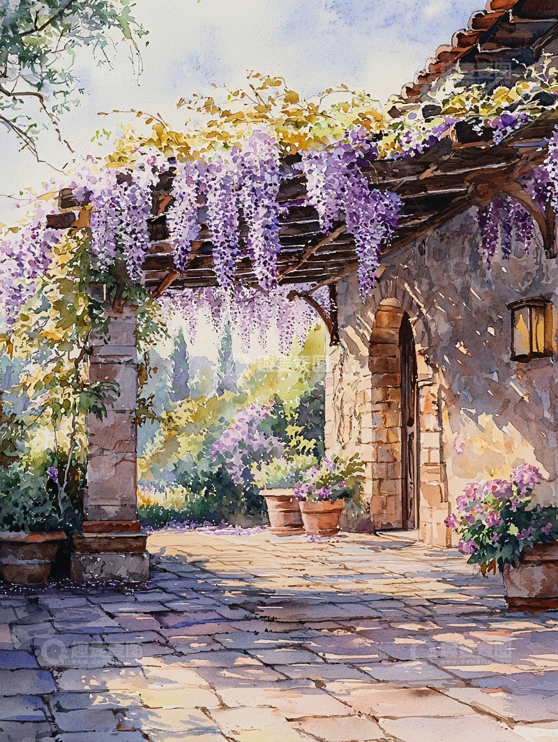 高清大图下载【趣麦麦图】紫藤花下的乡村庭院