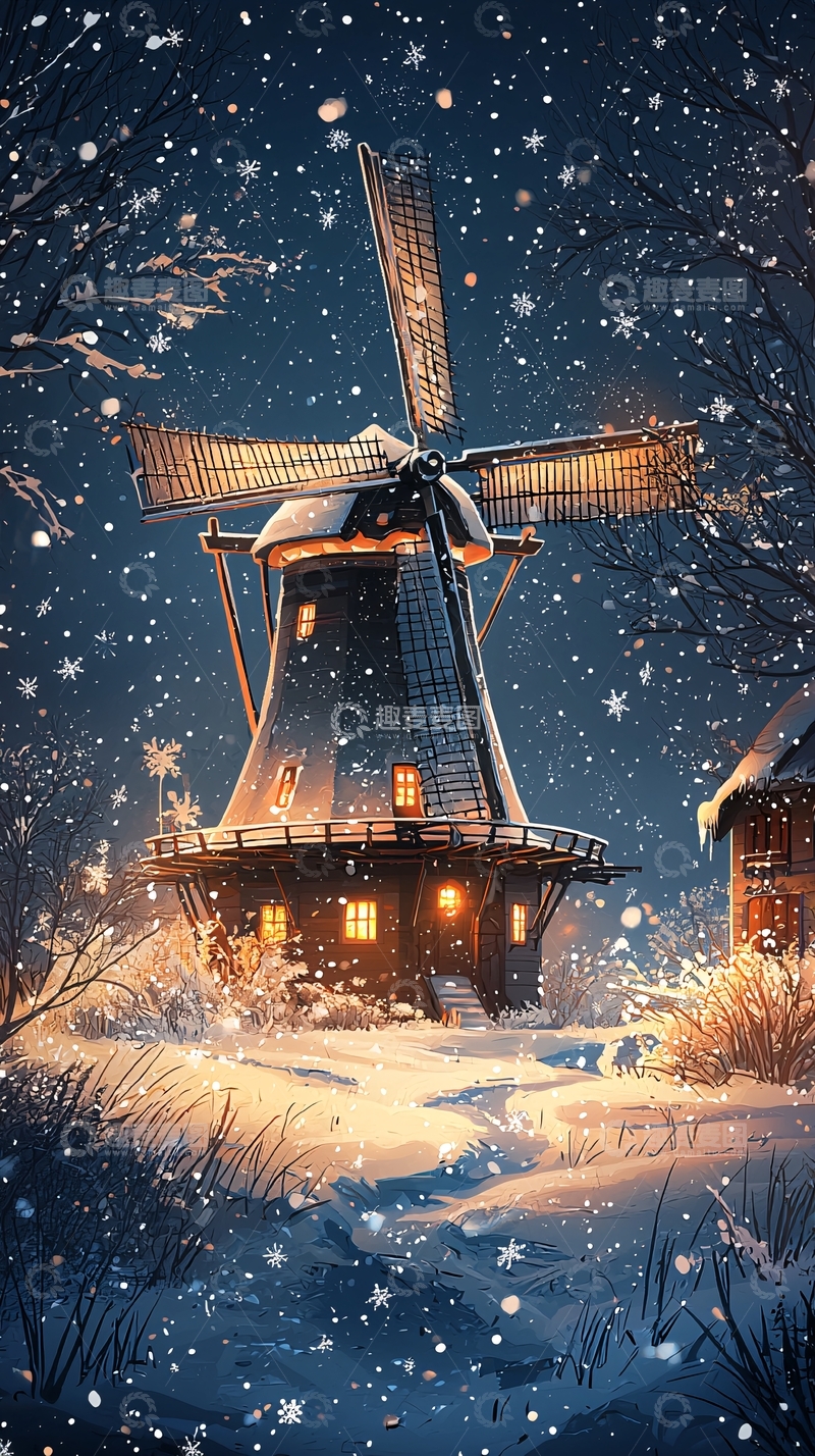 高清大图下载【趣麦麦图】雪夜下的风车房屋