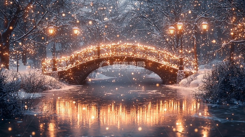 高清大图下载【趣麦麦图】冬日雪景桥梁灯光