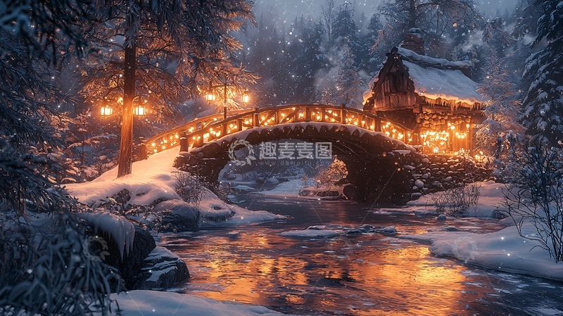 高清大图下载【趣麦麦图】冬日雪景小屋桥