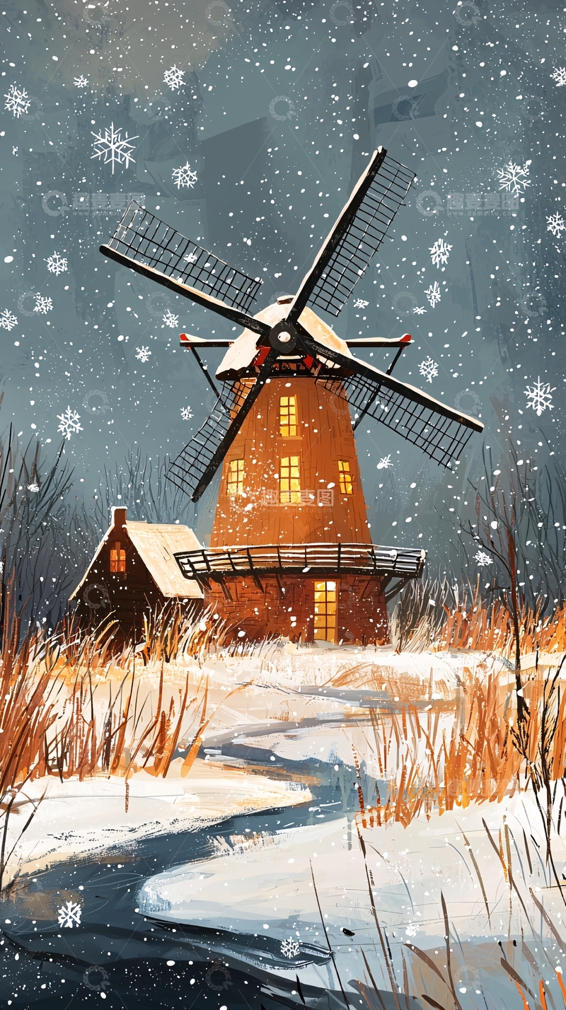 高清大图下载【趣麦麦图】冬日风车雪景图