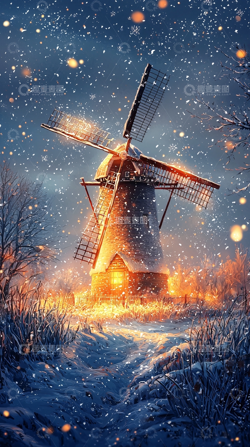 高清大图下载【趣麦麦图】雪夜风车