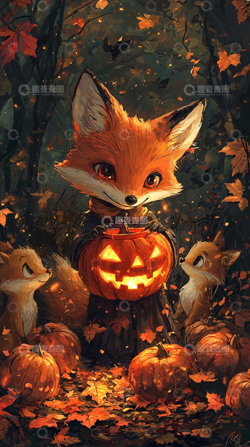 高清大图下载【趣麦麦图】森林小狐狸提着南瓜灯