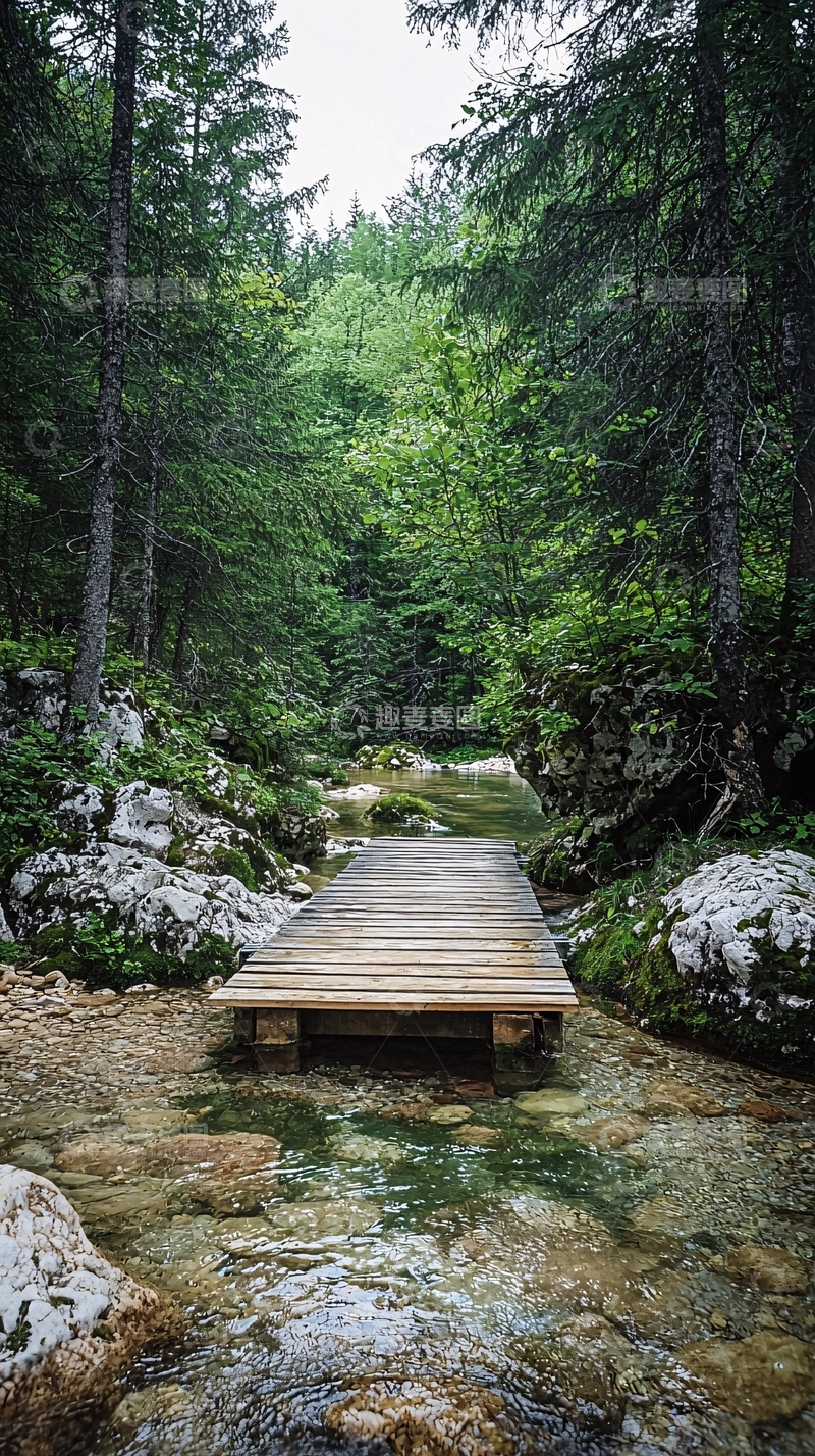 高清大图下载【趣麦麦图】森林小溪木桥静谧