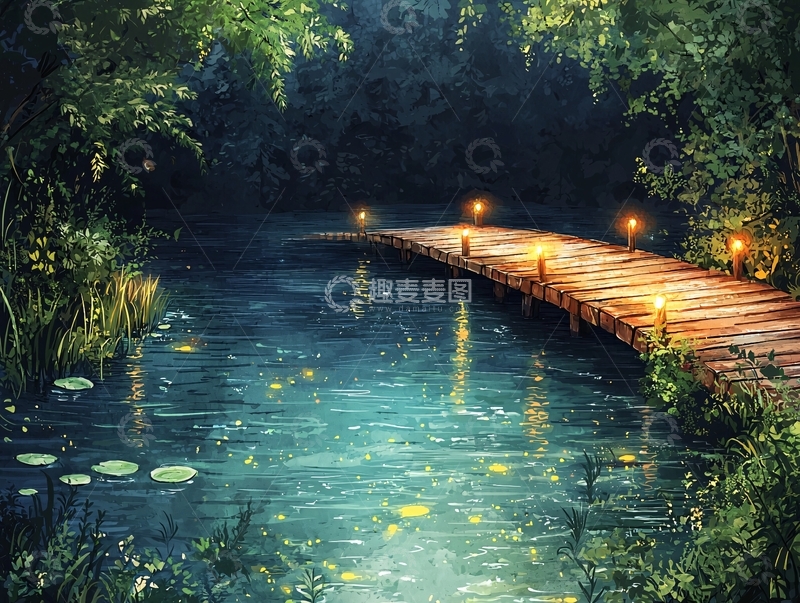 高清大图下载【趣麦麦图】夜晚森林小桥
