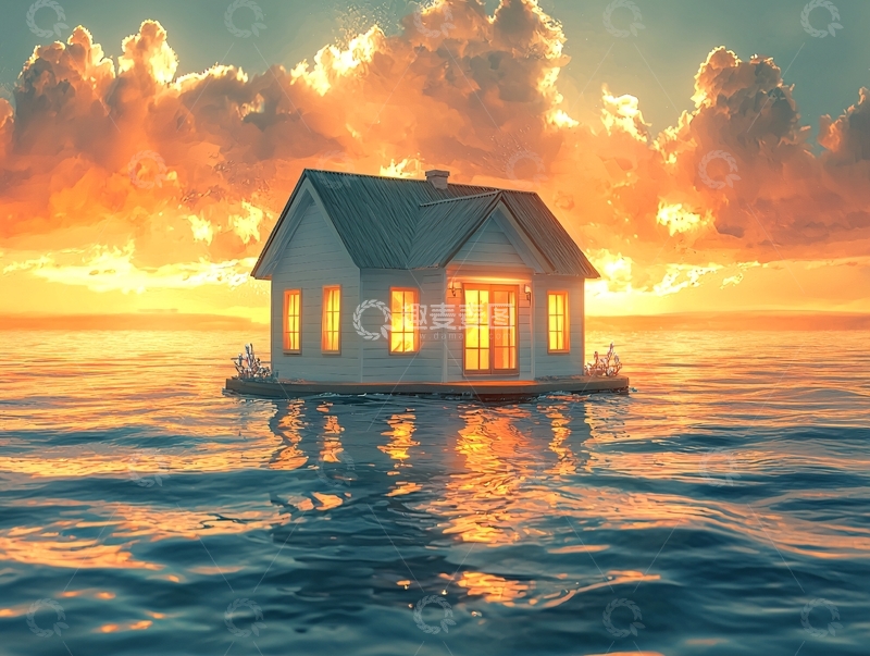 高清大图下载【趣麦麦图】海边小房子日落