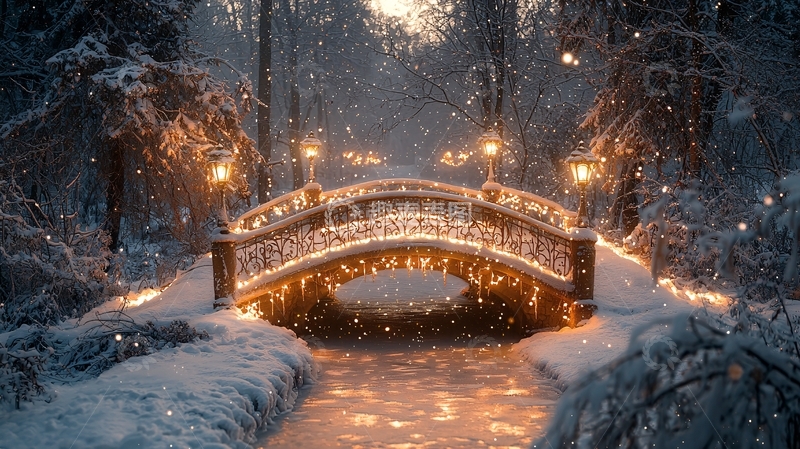 高清大图下载【趣麦麦图】雪夜灯光装饰的桥梁