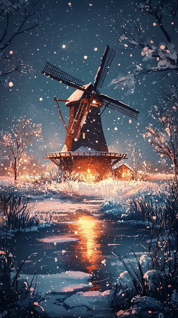 雪夜中的风车小屋