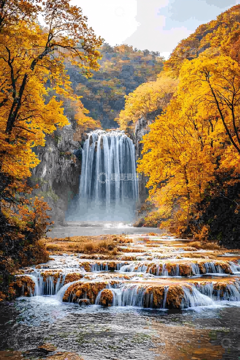 高清大图下载【趣麦麦图】秋日金色瀑布美景