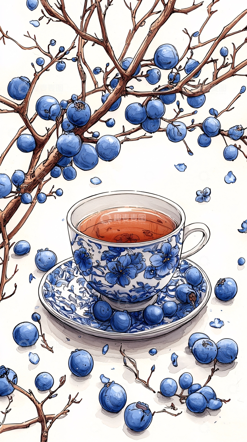 高清大图下载【趣麦麦图】蓝莓茶杯手绘插画