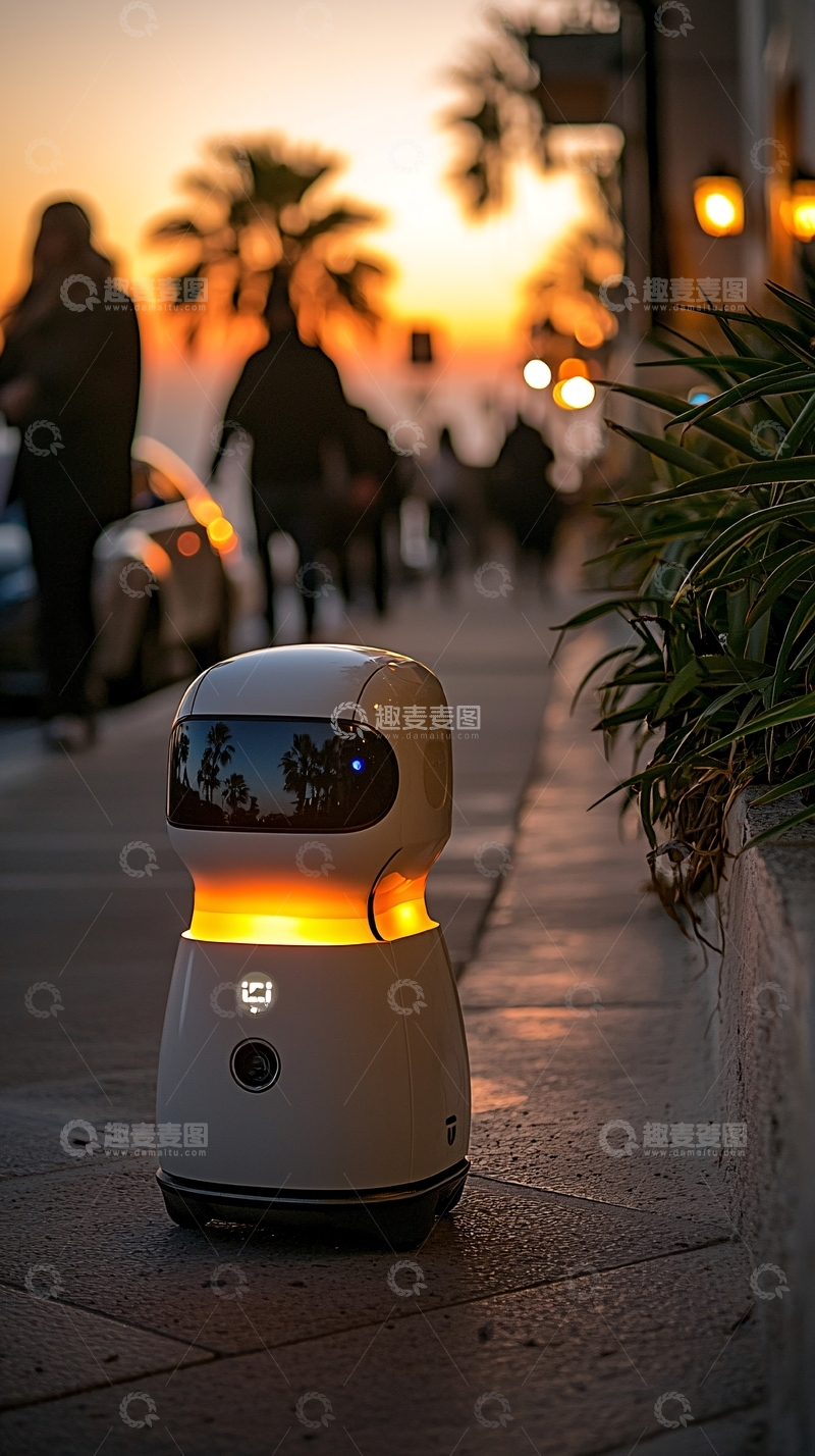 高清大图下载【趣麦麦图】夕阳西下街道上的小机器人