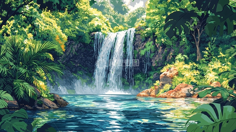 高清大图下载【趣麦麦图】茂密丛林中的瀑布美景