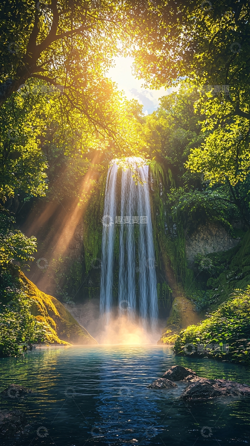 高清大图下载【趣麦麦图】阳光下的瀑布森林