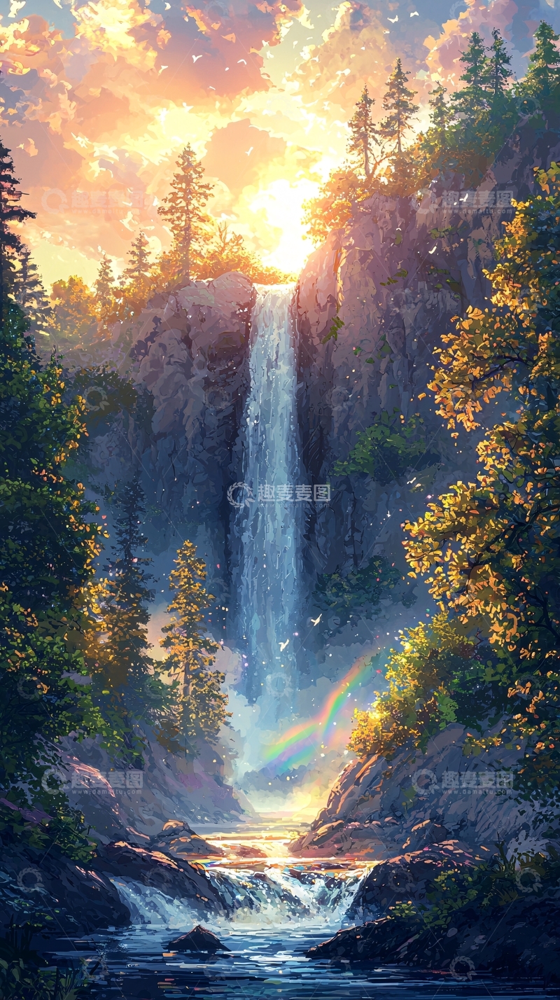 高清大图下载【趣麦麦图】瀑布森林天空夕阳美景