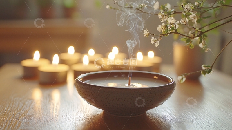高清大图下载【趣麦麦图】燃烧的香烛与白色花朵的静谧氛围