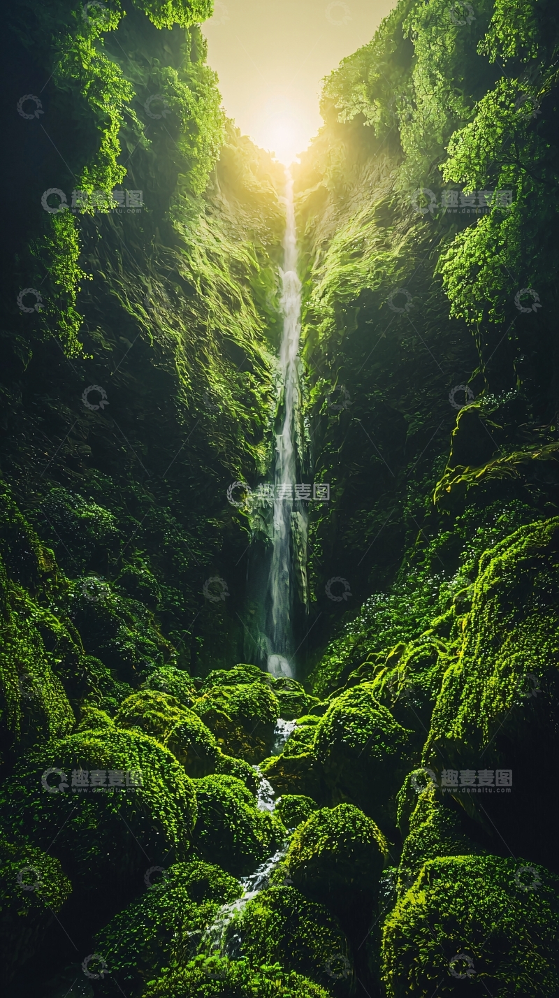 高清大图下载【趣麦麦图】绿色植被覆盖下的瀑布
