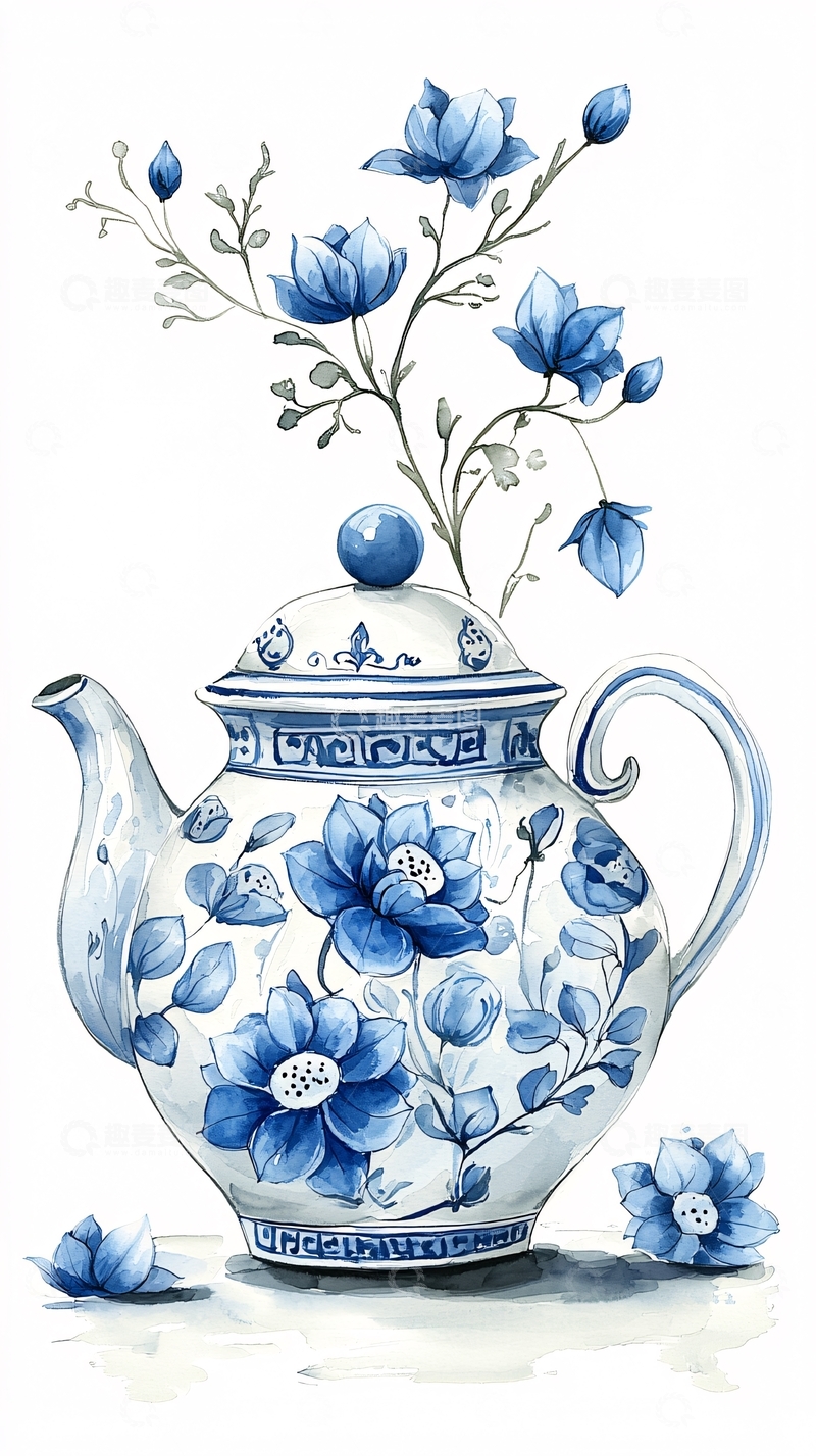 高清大图下载【趣麦麦图】青花瓷茶壶花卉水彩画