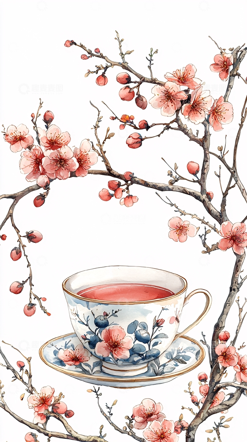 高清大图下载【趣麦麦图】水彩画梅花茶杯