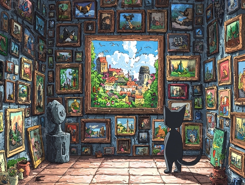 高清大图下载【趣麦麦图】房间里挂满画的猫