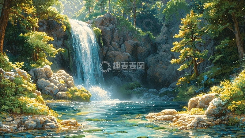 高清大图下载【趣麦麦图】郁郁葱葱的森林瀑布