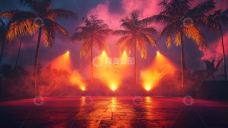 高清大图下载【趣麦麦图】夜晚棕榈树灯光