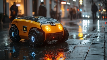 雨夜街道上的黄色机器人
