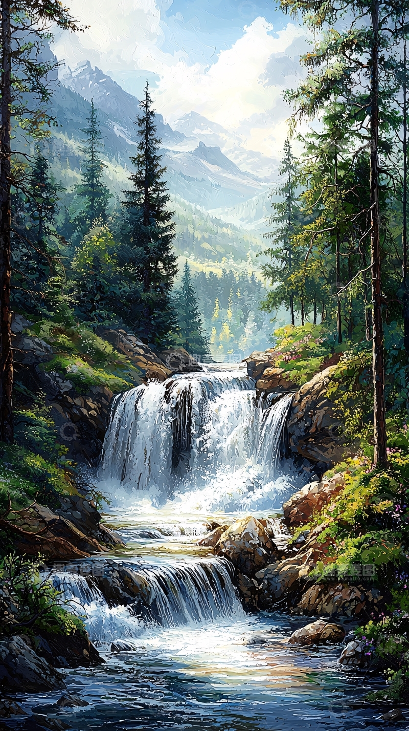 高清大图下载【趣麦麦图】山林瀑布风景画