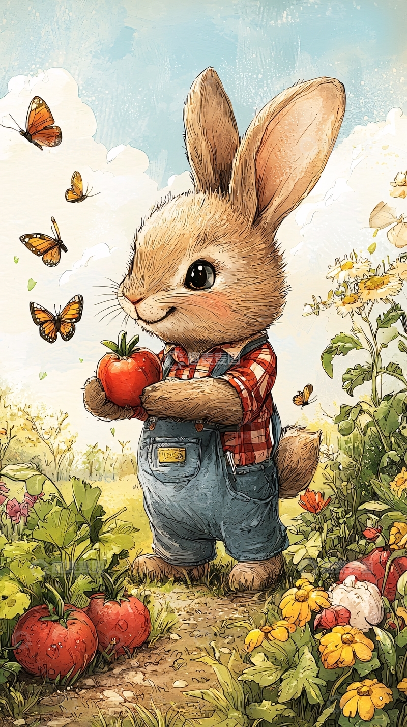 高清大图下载【趣麦麦图】抱着西红柿的可爱兔子