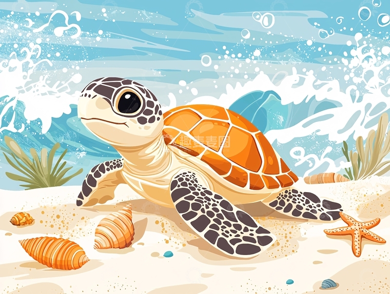 高清大图下载【趣麦麦图】卡通海龟在沙滩上
