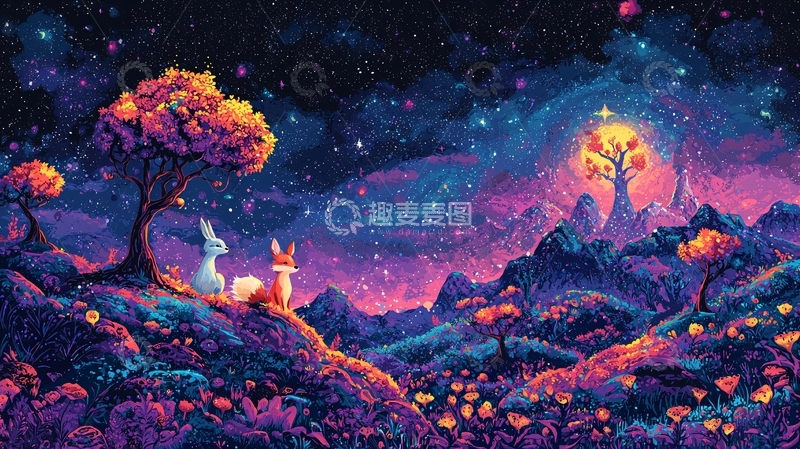 高清大图下载【趣麦麦图】星空下的狐狸和兔子