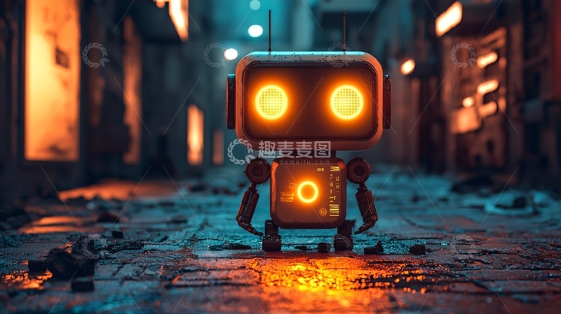 高清大图下载【趣麦麦图】夜晚小巷里发光的小机器人